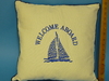 Nautical Design cushion - writing "Welcome aboard with a picture of  Boat"